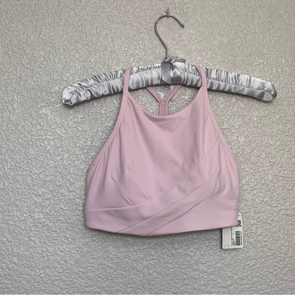 NWT Lululemon flow y wrap front high neck pink bra MSRP $68 size 6